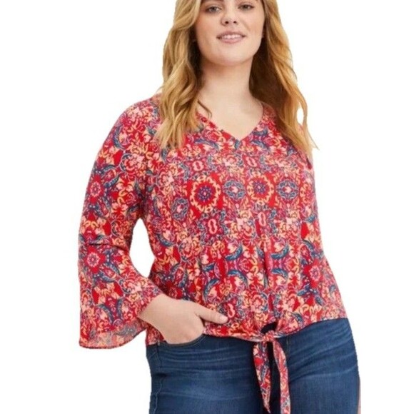 Torrid Womens 3X Red Paisley Western Tie Front‎ Bell Sleeve V-Neck Boho Slub - Picture 1 of 7